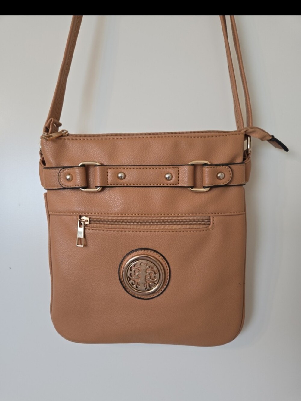 Dasein Tan Crossbody Shoulder Bag with Decorative Emblem